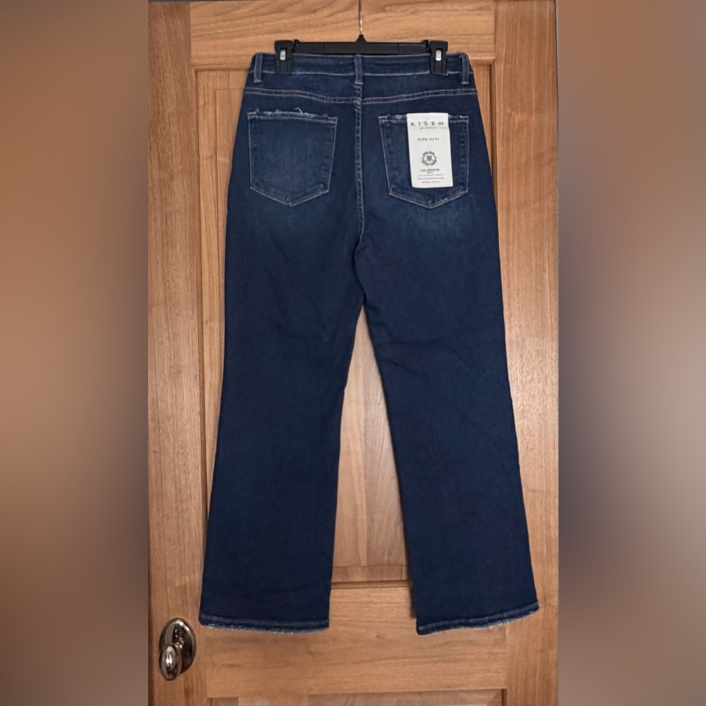 NWT RISEN High-Rise Crop Straight Jeans w/ Distressed Raw Hem Dark Blue 13/31 - Picture 6 of 16